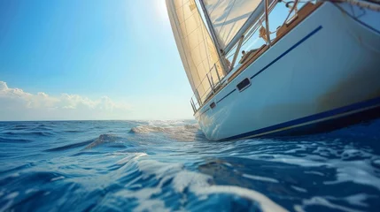 Zelfklevend Fotobehang Close-up sailboat sailing on the expansive blue sea © mikeosphoto