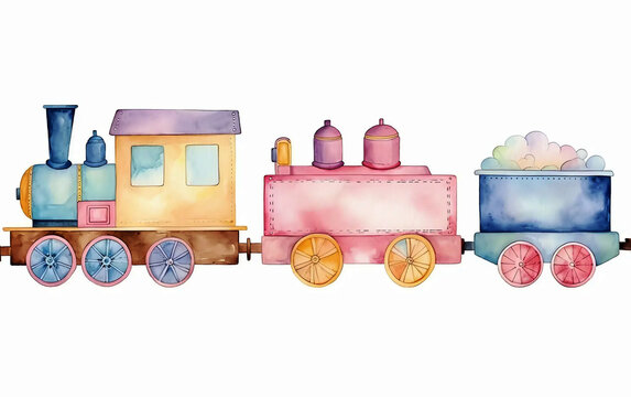 Cute cartoon train and carriages. vintage childhood toy steam engine train watercolor on a white background