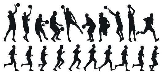 Vector set of male basketball players silhouettes, athletes runners. Basketball, athletics, running, cross, sprinting, jogging, walking - Powered by Adobe