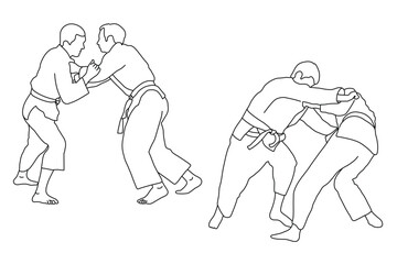 Fototapeta na wymiar Line sketch of sportive judoka fighter. Judoist, judoka, athlete, duel, fight, judo, isolated vector