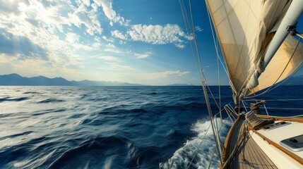 Close-up sailboat sailing on the expansive blue sea