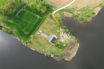 The house is surrounded by the river, forest, garden and meadow from above