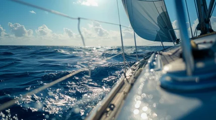 Schilderijen op glas Close-up sailboat sailing on the expansive blue sea © mikeosphoto