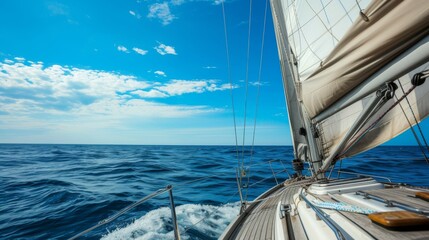 Close-up sailboat sailing on the expansive blue sea