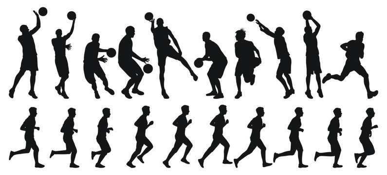 Vector set of male basketball players silhouettes, athletes runners. Basketball, athletics, running, cross, sprinting, jogging, walking