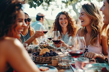 friends toasting white wine and enjoying outdoor dinner at garden restaurant