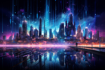 Futuristic Cityscape with Luminous Skyscrapers at Night