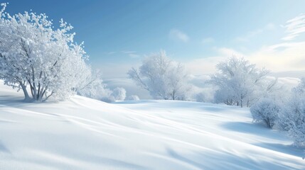 Winter Wonderland: Snow-Covered Trees and Untouched Snowscape Under a Clear Sky