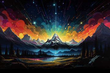 Vibrant Mountain Sunset with Meteor Shower