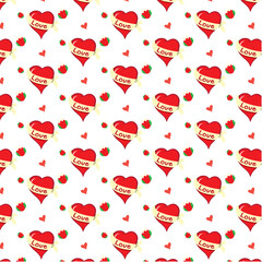 Corazón con una cinta que dice love rodeado de corazones y flores rojas sin fondo para podes usar con el color que desee, patrón o motivo.