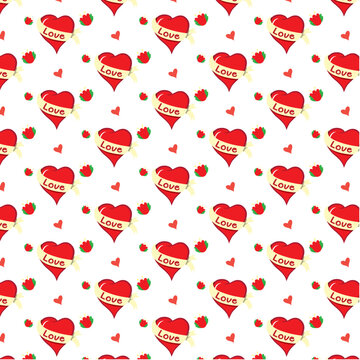Coraz&oacute;n con una cinta que dice love rodeado de corazones y flores rojas sin fondo para podes usar con el color que desee, patr&oacute;n o motivo.