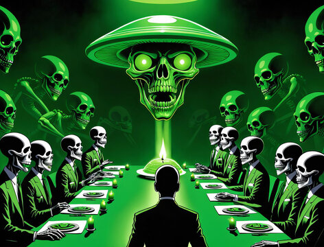 Over-the-top Illuminati Scene with Lizard Person, UFO, and Skull and Bones Society Meeting in a Dark Candlelit Hall Gen AI