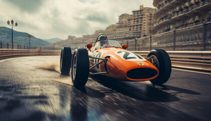 illustration of a F1 motor cars racing around the streets of Monaco in the 1960's - obrazy, fototapety, plakaty