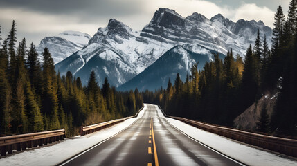A road with snow capped mountains in the background,,
Asphalt highway and Rocky mountains in pine forest at Banff national park, Canada Pro Photo

 - obrazy, fototapety, plakaty