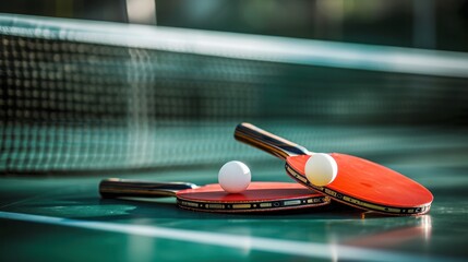 Two table tennis or ping pong rackets and balls placed on a green table with a net; with shallow depth of field, focusing on the rackets