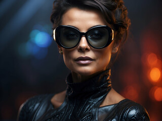 Model with sunglasses. Futuristic style. Middle aged woman. Portrait. Photography.