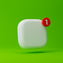 Blank app icon with one notification sign isolated over green background. Mockup template. 3d rendering.