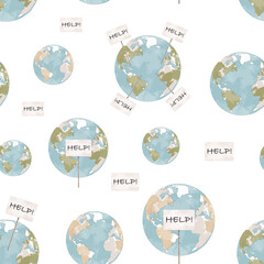 Save Planet seamless pattern. Planet Earth with help sign hand drawn illustrations. Climate change concept. Global warming art. Environmental challenges concept art - 729604999