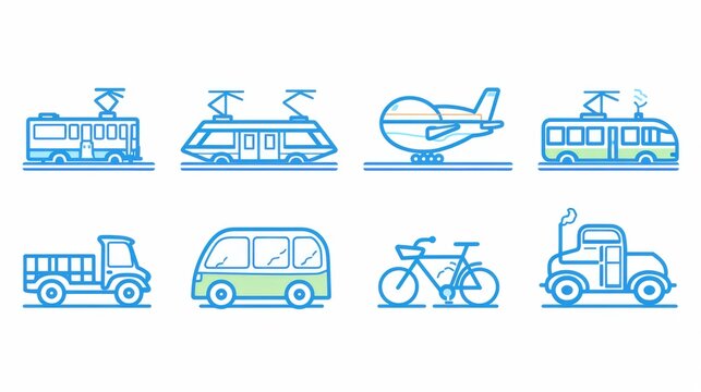Linear pictograms of vehicle, air, railway, and bike transport, including car, bus, tram, train, metro, plane, and ship icons. These outline signs depict public transport stations and are editable