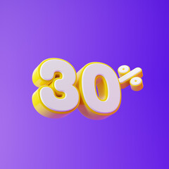White thirty percent or 30 % with yellow outline isolated over purple background. 3D rendering.