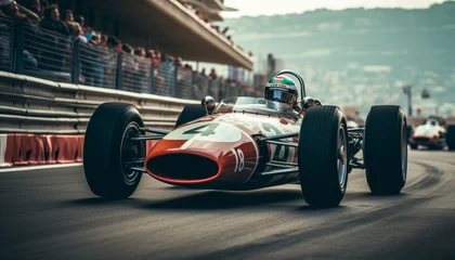 Afwasbaar Fotobehang Formule 1 illustration of a F1 motor cars racing around the streets of Monaco in the 1960's