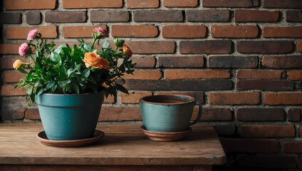 Bouquet and Potted Plants on Vintage Wooden Desk against Brick Wall, Interior Design Concept.