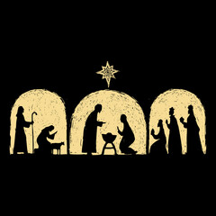 Hand drawn nativity scene. Wise men and shepherds come to worship the born Savior of the world.