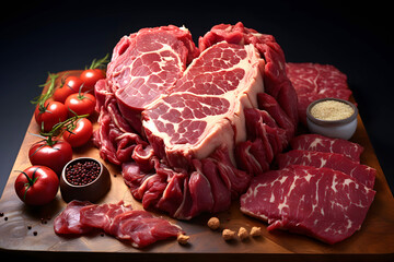 fresh beef meat on a dark background. nutrition and protein foods. kitchen and cooking