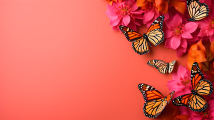 Butterfly pastel template Pro Vector,,
Butterflies and pink yellow flowers on a bright red background summer spring image free space for text square format

