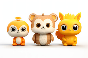 Dive into the adorable realm of cartoon animal toys with this set of 3 delightful characters. They're artfully isolated on a transparent PNG background,     Generative AI,
