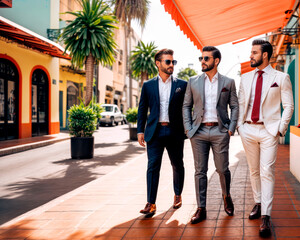 Three men in suits walking down a colorful street