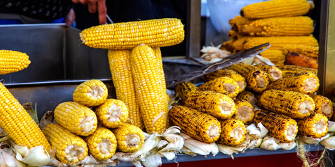 Hot and flavorful grilled corn close up. Asian street food. Istanbul