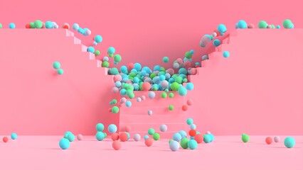oddly satisfying staircase spheres falling motion graphics 3d illustration background pink colour. can be used to represent feminine pastel colors, children colorful concept or celebration design