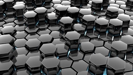 Obraz premium high tech futuristic hexagon polished surface 3d illustration background. Can be used to represent cyber space virtual reality, science research or futuristic energy geometric shapes