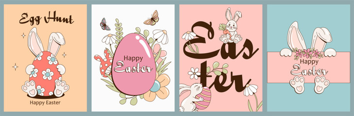 Set of retro posters or greeting cards for Happy Easter with cute bunny, Easter egg, flowers and text. Trendy hand drawn vector illustrations in groovy style for banner, print, cover, social media.