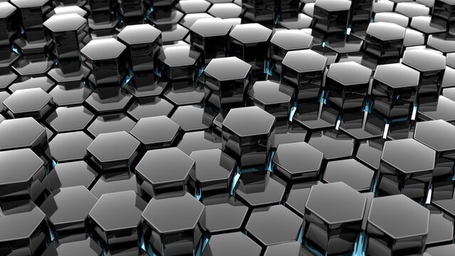 high tech futuristic hexagon polished surface 3d illustration background. Can be used to represent cyber space virtual reality, science research or futuristic energy geometric shapes