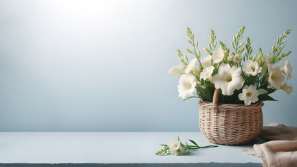 Background of basket of white Eustoma flowers placed on a blue table. Women's Day. Horizontal. Background with copy space. Banner