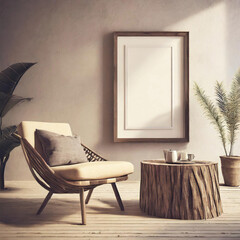 lounge chair and wood stump side table with empty blank mock up frame, Rustic minimalist home interior