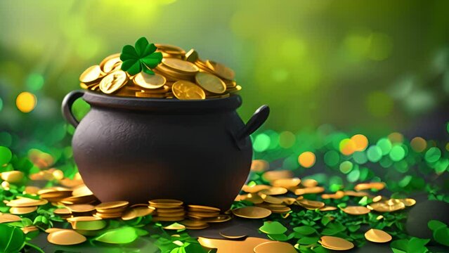 Saint Patrick s Day. Pot full of golden coins.Traditional Irish symbol of success and luck. Leprechaun s gold. Celebrative, festive 3D Render concept green background 4k