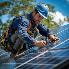 Expert technicians install and inspect the operation of solar panels. Alternative energy from sunlight