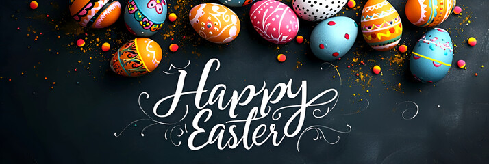 Greeting card for Easter, with an inscription and colorful Easter eggs on a dark background. Banner.