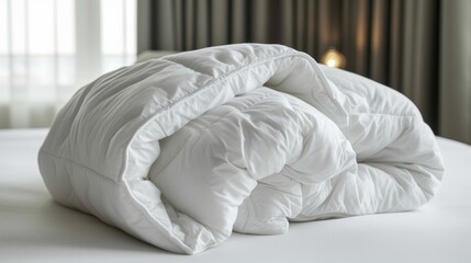 A white duvet neatly folded on a white bed background is the perfect household accessory for the colder months