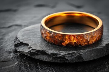 A gold ring stood out on the dark stone pedestal. - obrazy, fototapety, plakaty