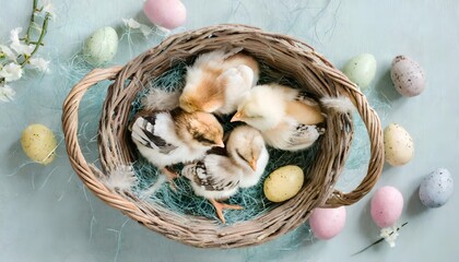 top-down photo of easter chicks in a basket with easter eggs and florals on a pastel background