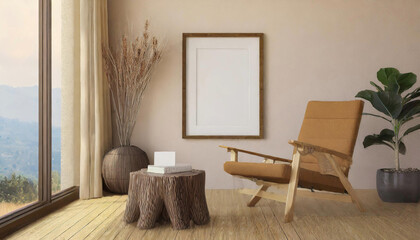 lounge chair and wood stump side table with empty blank mock up frame, Rustic minimalist home interior