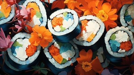 sushi set close-up top view in the form of an advertisement - obrazy, fototapety, plakaty