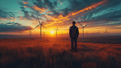 engineer standing in a field looking at wind turbines