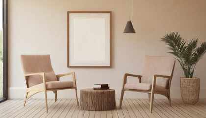 lounge chair and wood stump side table with empty blank mock up frame, Rustic minimalist home interior