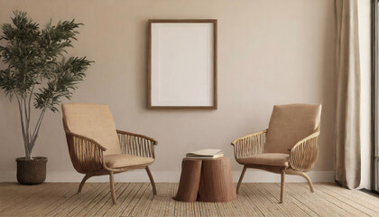 lounge chair and wood stump side table with empty blank mock up frame, Rustic minimalist home interior