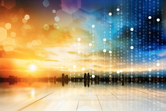 Sunset over a Digital Metropolis: The Convergence of Urban Life and Binary Data Signaling a New Era of Technological Integration, Generative AI